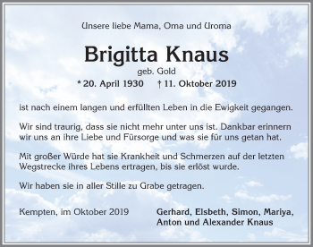 Traueranzeige von Brigitta Knaus von Allgäuer Zeitung,Kempten