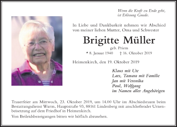 Traueranzeige von Brigitte Müller von Der Westallgäuer