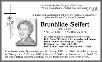 Traueranzeige von Brunhilde Seifert von Allgäuer Zeitung, Marktoberdorf