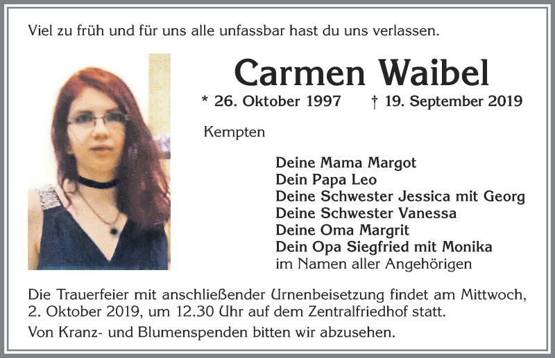  Traueranzeige für Carmen Waibel vom 01.10.2019 aus Allgäuer Zeitung,Kempten