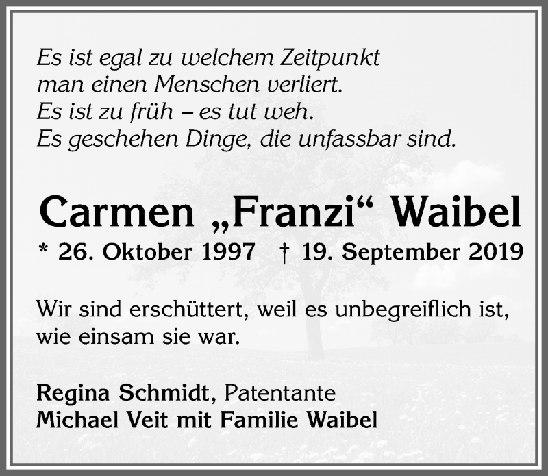  Traueranzeige für Carmen Waibel vom 02.10.2019 aus Allgäuer Zeitung,Kempten