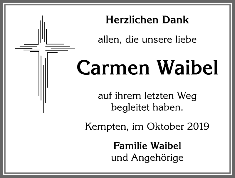  Traueranzeige für Carmen Waibel vom 09.10.2019 aus Allgäuer Zeitung,Kempten