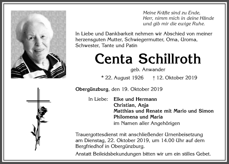  Traueranzeige für Centa Schillroth vom 19.10.2019 aus Allgäuer Zeitung, Marktoberdorf