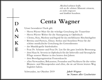 Traueranzeige von Centa Wagner von Der Westallgäuer