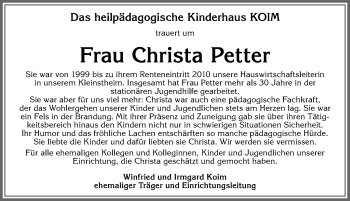 Traueranzeige von Christa Petter von Allgäuer Zeitung, Füssen