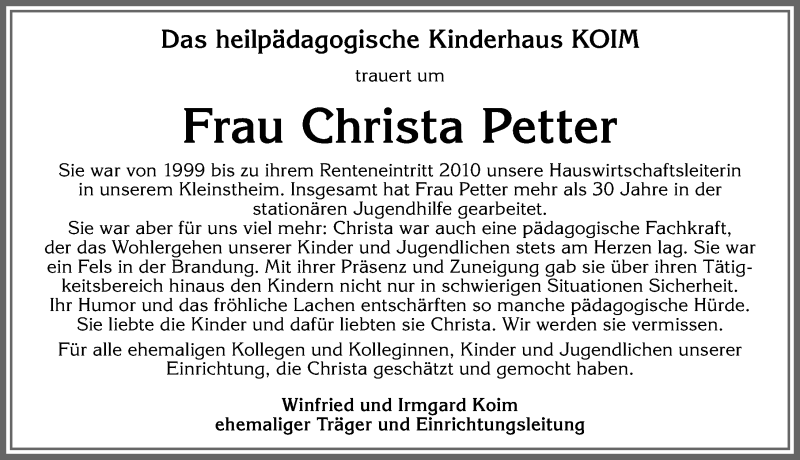  Traueranzeige für Christa Petter vom 01.10.2019 aus Allgäuer Zeitung, Füssen