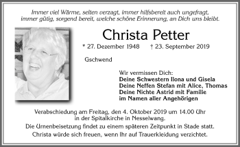 Traueranzeige von Christa Petter von Allgäuer Zeitung, Füssen