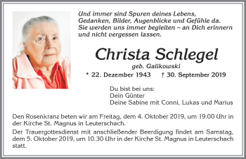 Traueranzeige von Christa Schlegel von Allgäuer Zeitung, Marktoberdorf
