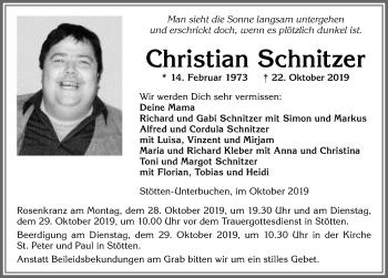 Traueranzeige von Christian Schnitzer von Allgäuer Zeitung, Marktoberdorf