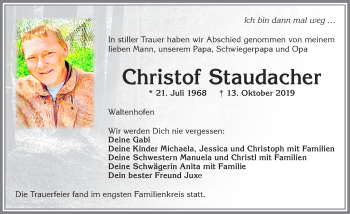 Traueranzeige von Christof Staudacher von Allgäuer Zeitung,Kempten
