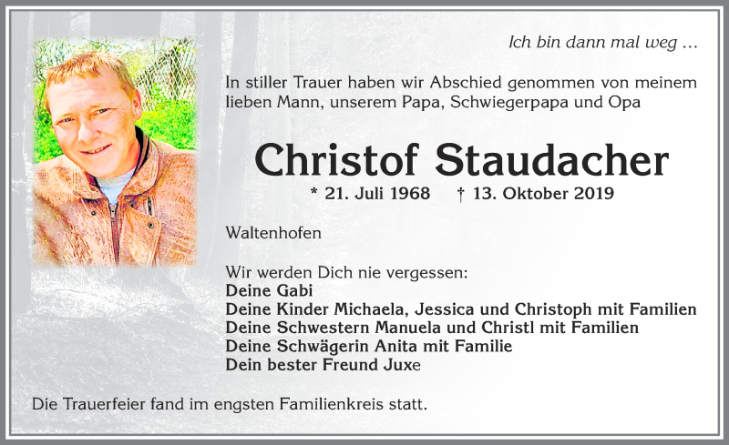  Traueranzeige für Christof Staudacher vom 19.10.2019 aus Allgäuer Zeitung,Kempten