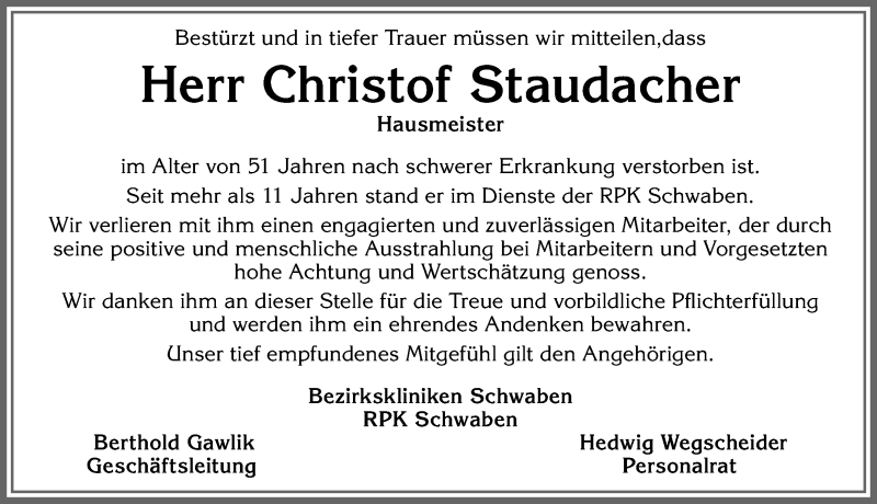  Traueranzeige für Christof Staudacher vom 23.10.2019 aus Allgäuer Zeitung,Kempten