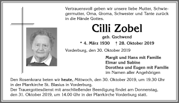 Traueranzeige von Cilli Zobel von Allgäuer Anzeigeblatt