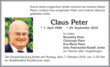 Traueranzeige von Claus Peter von Allgäuer Zeitung, Kaufbeuren/Buchloe