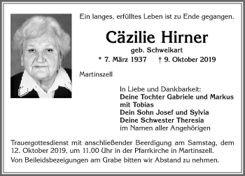 Traueranzeige von Cäzilie Hirner von Allgäuer Zeitung,Kempten