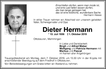 Traueranzeige von Dieter Hermann von Memminger Zeitung