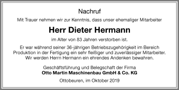 Traueranzeige von Dieter Hermann von Memminger Zeitung