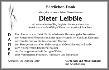 Traueranzeige von Dieter Leibßle von Allgäuer Zeitung,Kempten