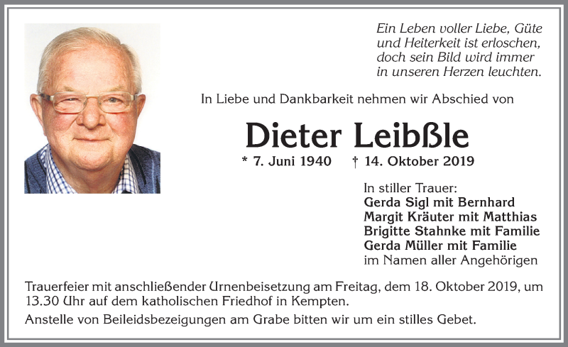  Traueranzeige für Dieter Leibßle vom 16.10.2019 aus Allgäuer Zeitung,Kempten
