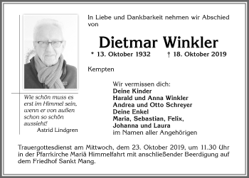 Traueranzeige von Dietmar Winkler von Allgäuer Zeitung,Kempten