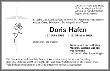 Traueranzeige von Doris Hafen von Allgäuer Anzeigeblatt