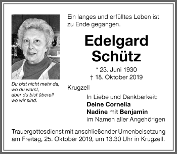 Traueranzeige von Edelgard Schütz von Allgäuer Zeitung,Kempten