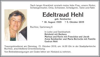Traueranzeige von Edeltraud Hehl von Allgäuer Zeitung, Kaufbeuren/Buchloe