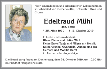 Traueranzeige von Edeltraud Mühl von Allgäuer Zeitung, Kaufbeuren/Buchloe