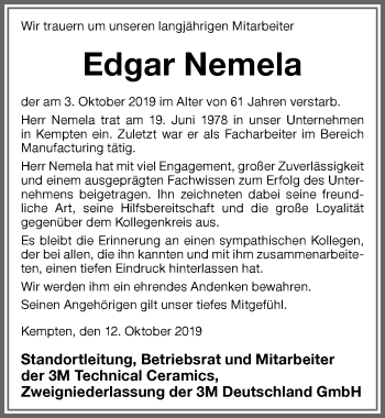 Traueranzeige von Edgar Nemela von Allgäuer Anzeigeblatt