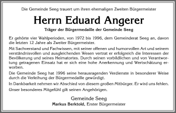 Traueranzeige von Eduard Angerer von Allgäuer Zeitung, Füssen