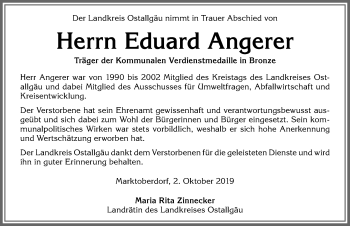 Traueranzeige von Eduard Angerer von Allgäuer Zeitung