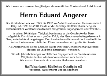 Traueranzeige von Eduard Angerer von Allgäuer Zeitung, Füssen