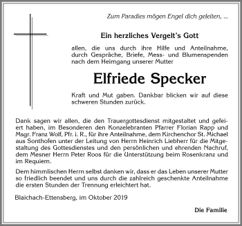 Traueranzeige von Elfriede Specker von Allgäuer Anzeigeblatt
