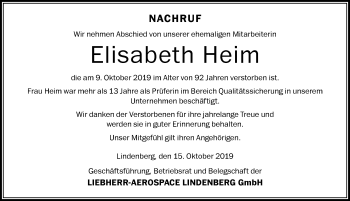 Traueranzeige von Elisabeth Heim von Der Westallgäuer