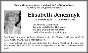 Traueranzeige von Elisabeth Jenczmyk von Allgäuer Zeitung, Marktoberdorf