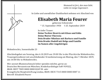 Traueranzeige von Elisabeth Maria Feurer von Der Westallgäuer