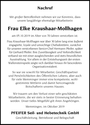 Traueranzeige von Elke Kraushaar-Mollhagen von Memminger Zeitung
