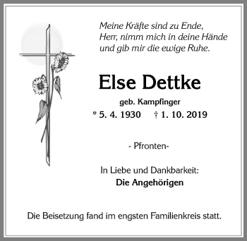 Traueranzeige von Else Dettke von Allgäuer Zeitung, Füssen