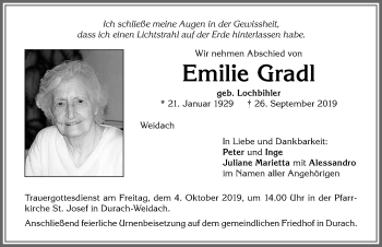 Traueranzeige von Emilie Gradl von Allgäuer Zeitung,Kempten