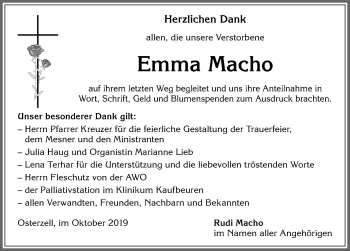 Traueranzeige von Emma Macho von Allgäuer Zeitung, Kaufbeuren/Buchloe