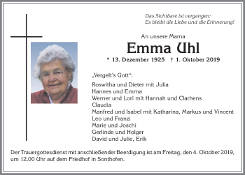 Traueranzeige von Emma Uhl von Allgäuer Anzeigeblatt