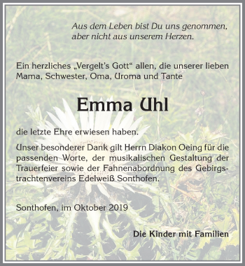 Traueranzeige von Emma Uhl von Allgäuer Anzeigeblatt