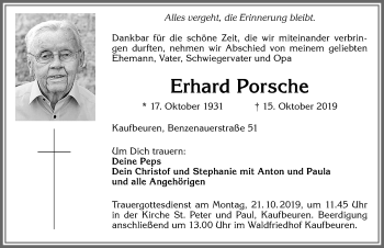 Traueranzeige von Erhard Porsche von Allgäuer Zeitung, Kaufbeuren/Buchloe