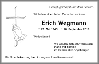 Traueranzeige von Erich Wegmann von Allgäuer Zeitung,Kempten