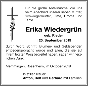 Traueranzeige von Erika Wiedergrün von Memminger Zeitung