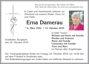Traueranzeige von Erna Damerau von Allgäuer Anzeigeblatt