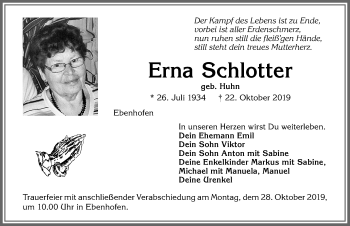 Traueranzeige von Erna Schlotter von Allgäuer Zeitung, Marktoberdorf