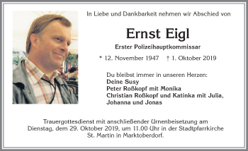 Traueranzeige von Ernst Eigl von Allgäuer Zeitung, Marktoberdorf