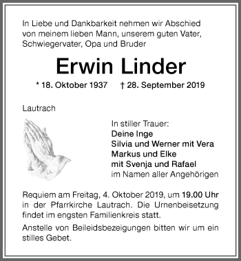 Traueranzeige von Erwin Linder von Memminger Zeitung