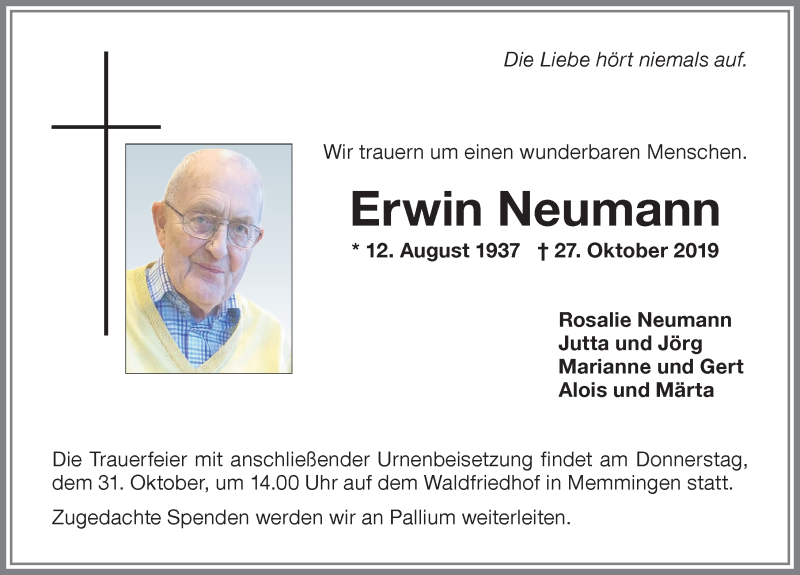  Traueranzeige für Erwin Neumann vom 30.10.2019 aus Memminger Zeitung